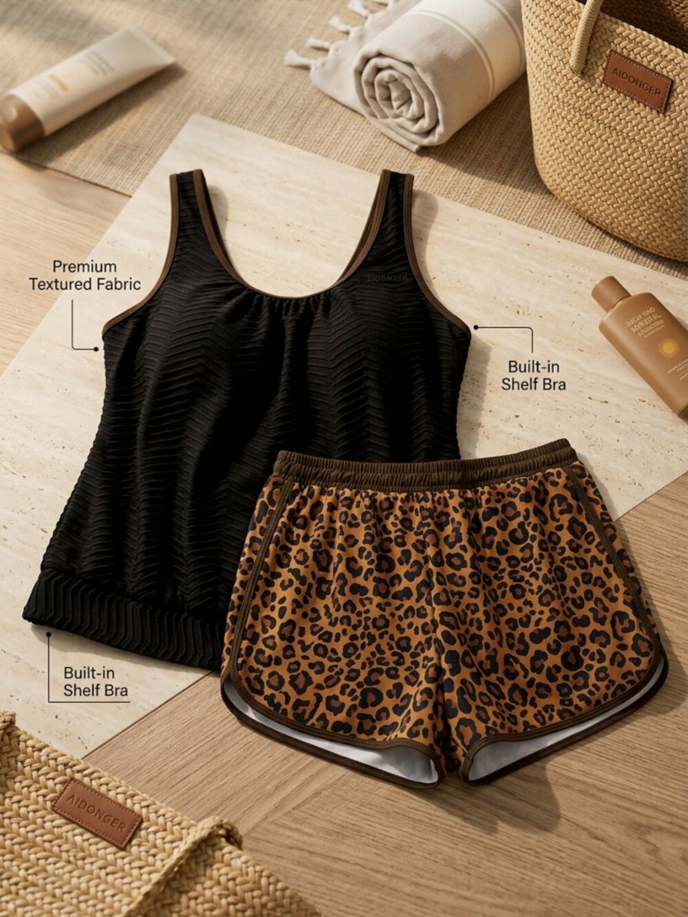 AIDONGER Black Tank and Leopard Shorts Two-Piece Swimsuit